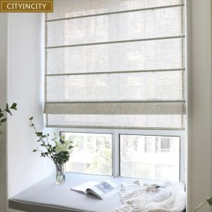 CITYINCITY וילון פשתן דמוי דמוי עץ מוצק לסלון רולר תריסים רומיים בסגנון יפן לחלון המטבח בהתאמה אישית