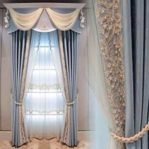 סגנון אירופאי צבע אחיד אור אווירה יוקרה וילון צל כחול וילון חלון מרפסת עד תקרה מרפסת חדר שינה