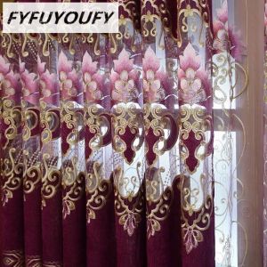 FYFUYOUFY וילון רקמה מפואר לסלון וילון אקארד ברונזה לחדר שינה טווה וילונות טול רקמה זהב.