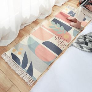 Creative pattern hand-woven floor mat home decor non-slip bedside carpet area rug bedroom decor tassel cotton long strip rugs