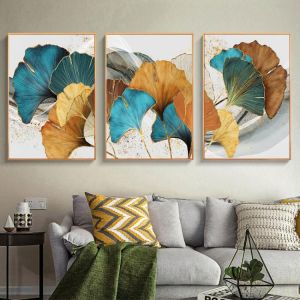 Blue Green Yellow Gold Plant Leaf Abstract Canvas Painting Nordic Posters and Prints Wall Art Picture for Living Room Home Decor