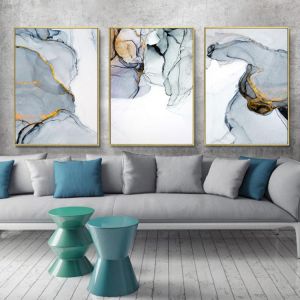 Nordic Morden Abstract Blue-gray Line Wall Art Canvas Painting Golden Blue Smoke Art Poster Print Wall Picture for Living Room
