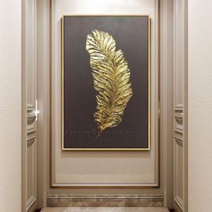 Gold Feather Art Painting on Canvas Acrylic Wall Art Modern Picture Hand Painted Home Quadros Caudros Decoracion for Living Room
