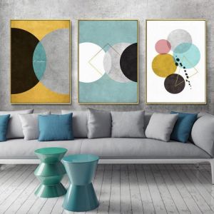 Nordic Minimalist Geometric Color Round Canvas Painting Retro Industrial Pattern Wall Art Poster Home Decor Triptych Pictures