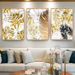 Nordic Modern Light Luxury Marble Texture Art Canvas Painting Golden Atmospheric Plant Leaf Poster Living Room Decor Pictures