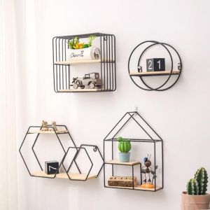 Metal Iron Wooden Storage Rack Multi Shape Storage Holders Black/Gold Nordic Wall Shelf DIY Home Decor
