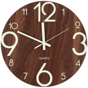 Luminous Wall Clock,12 Inch Wooden Silent Non-Ticking Kitchen Wall Clocks With Night Lights For Indoor/Outdoor Living Room Bedro