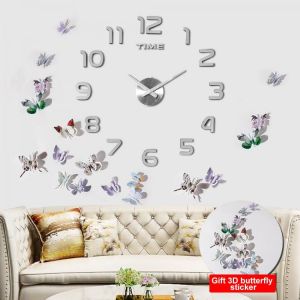 3D Acrylic Clock Mirror Sticker Watch Wall DIY Creative Clock Home Decoration Quartz Clock / Free to send 3D butterfly sticker