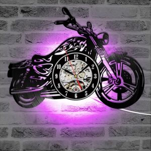 3D Wall Clock with LED Luminous Motorcycle Shape Motorcycle Rider Vinyl Record Clocks Wall Watch Home Decor Motorcycle Fans Gift