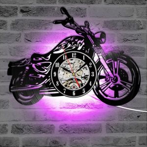 אביזרים לעיצוב הבית שעוני קיר 3D Wall Clock with LED Luminous Motorcycle Shape Motorcycle Rider Vinyl Record Clocks Wall Watch Home Decor Motorcycle Fans Gift