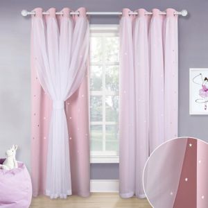 NICETOWN Beautiful Starry Princess Double Shading Dreamy Pink Blackout Curtain Drape for Girl Baby Living Room Wedding Room