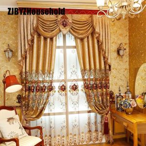European Style Curtains for Living Room High End Embroidery Embroidered Gauze Window Golden Elegant Bedroom Curtains Valance