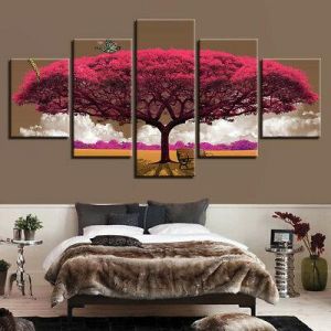 אביזרים לעיצוב הבית תמונות עץ יפיפה אדום ממוסגר בעיצוב  ציור הדפס HD בד ציור גדול עץ גדול 5 PC